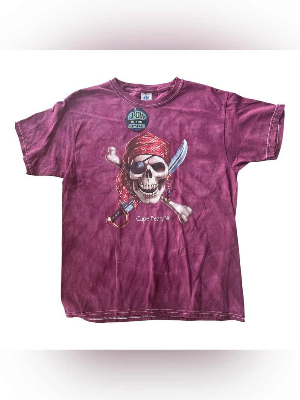 Pirate Skull Graphic Tee Youth - Cape Fear, NC - Burgundy Tie Dye Cotton